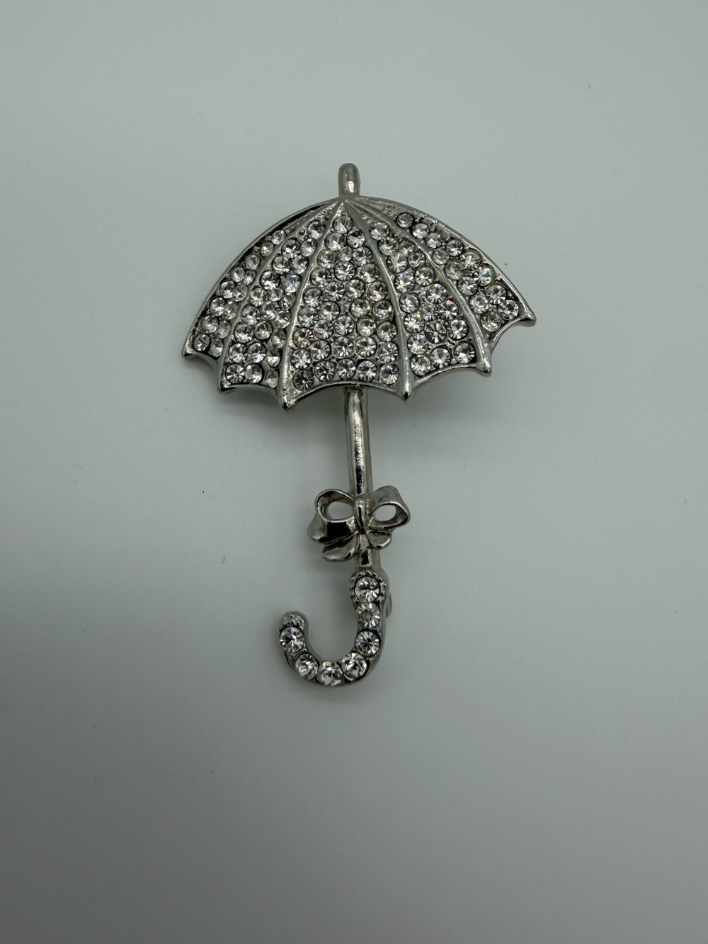 Rhinestone Umbrella Brooch - Silver Tone